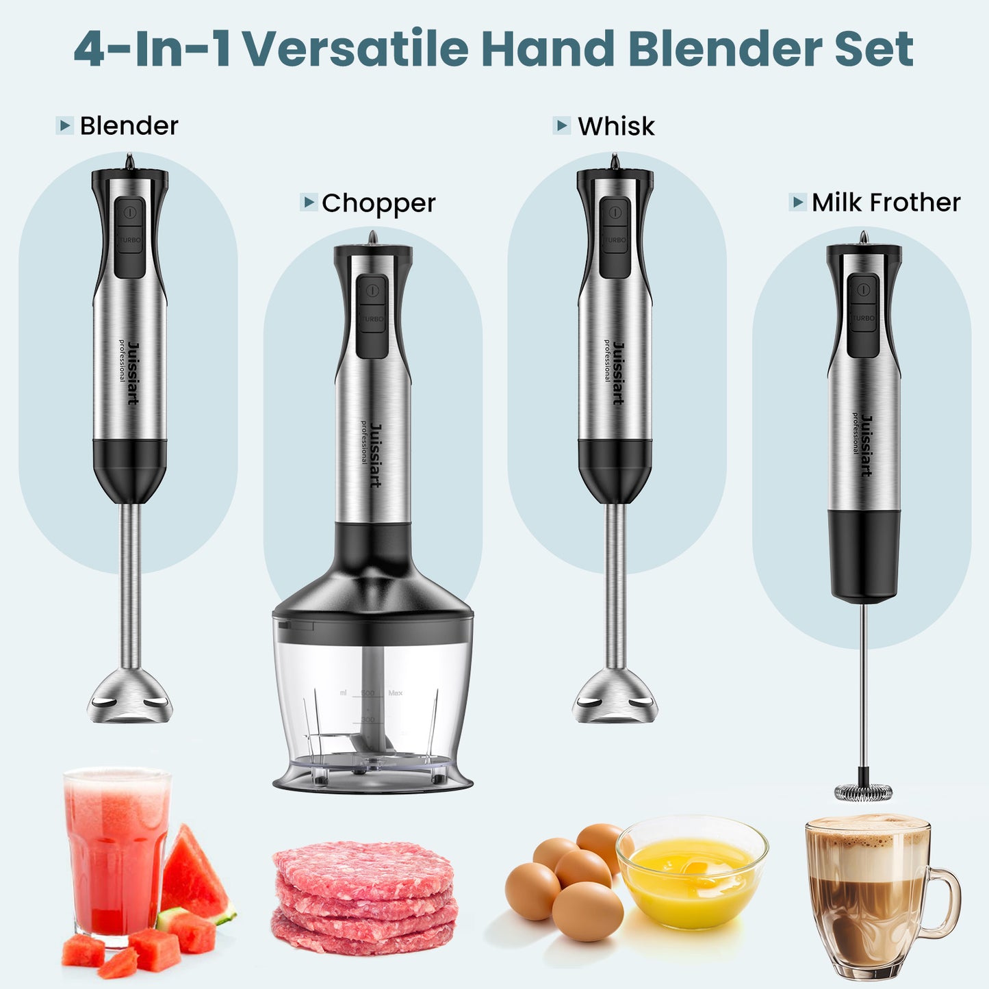 20-Speed Immersion Hand Blender, 5-in-1 800W Stainless Steel Hand Stick Blender, Whisk, Milk Frother