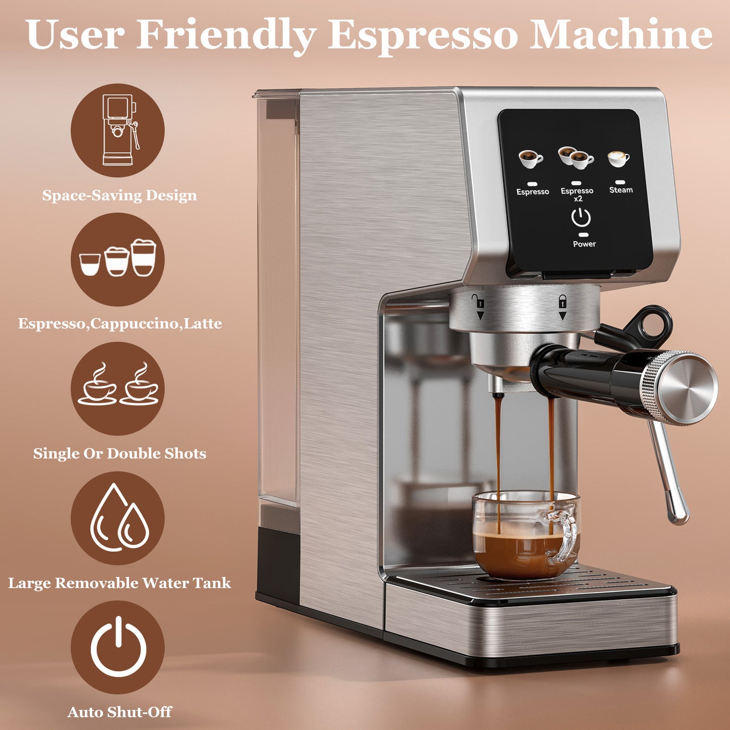 Espresso Machine 20 Bar, Stainless Steel Coffee Machine with 40oz Removable Water Tank for Cappuccino, Latte, Silver