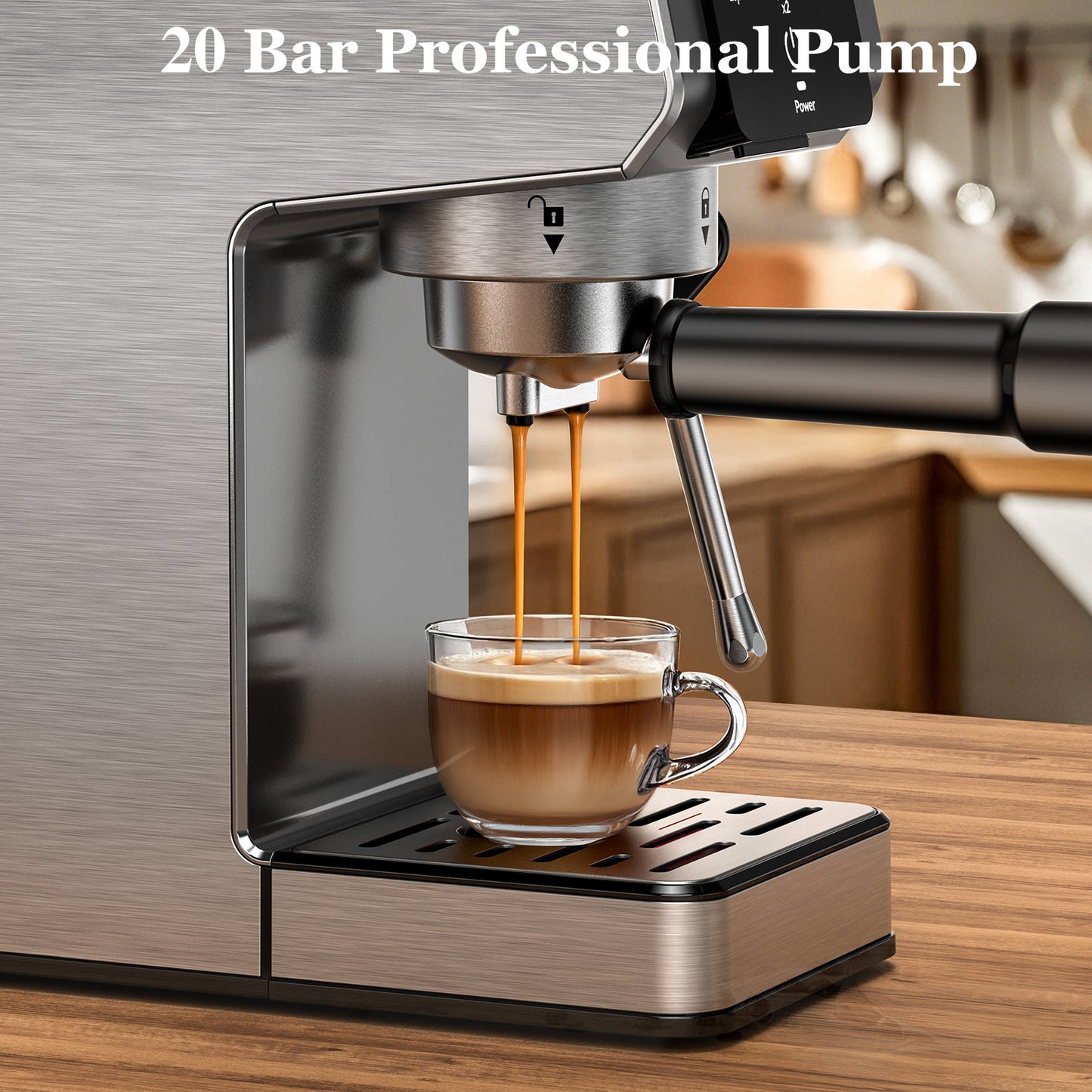 Espresso Machine 20 Bar, Stainless Steel Coffee Machine with 40oz Removable Water Tank for Cappuccino, Latte, Silver