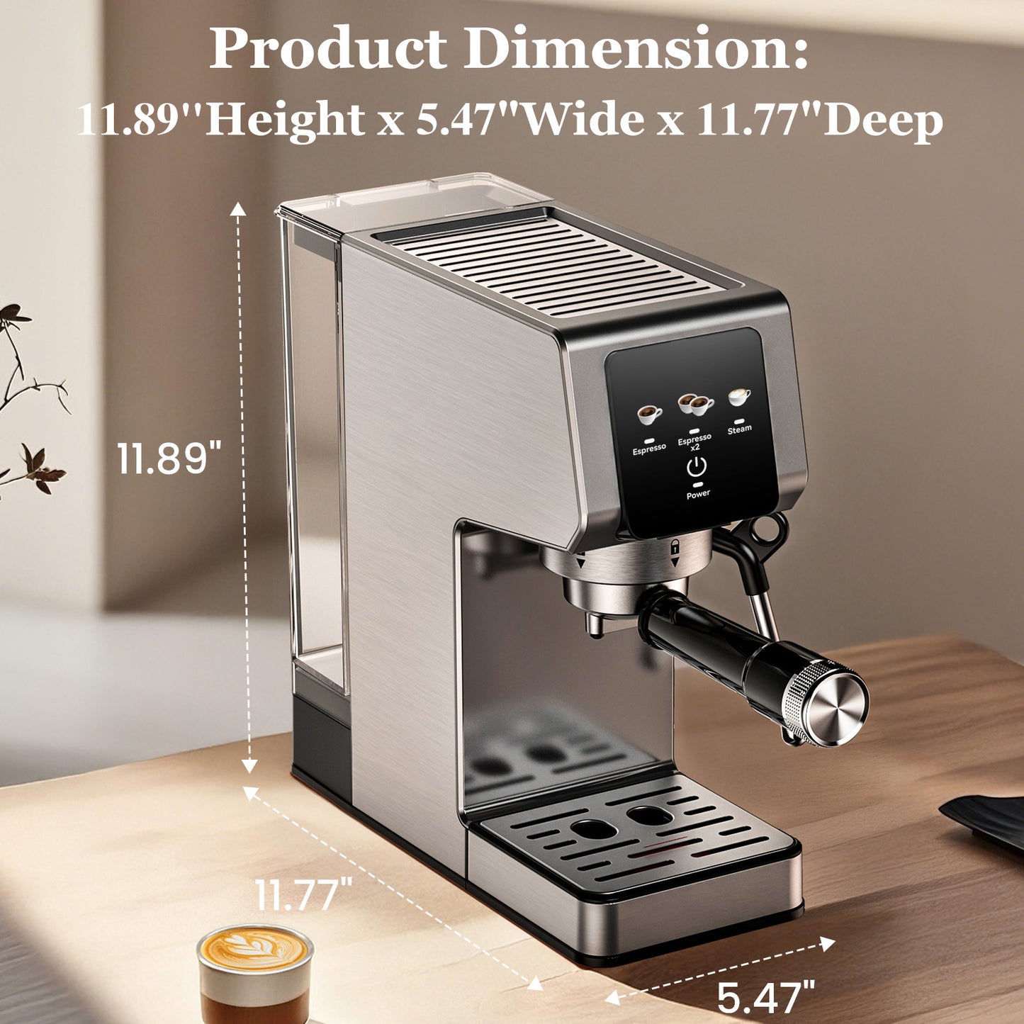 Espresso Machine 20 Bar, Stainless Steel Coffee Machine with 40oz Removable Water Tank for Cappuccino, Latte, Silver