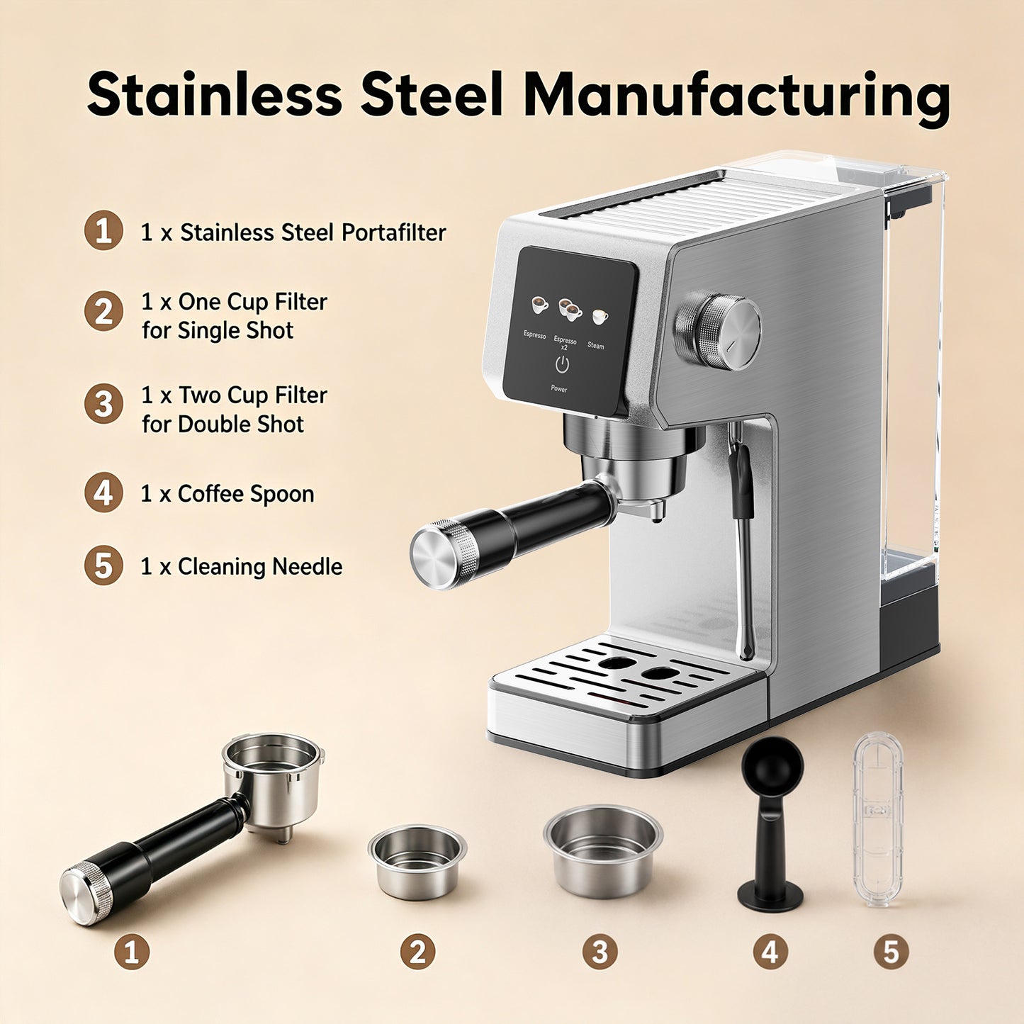 20-Bar Espresso Machine, Stainless Steel Coffee Maker, 40oz Removable Water Tank for Cappuccino & Latte, Silver