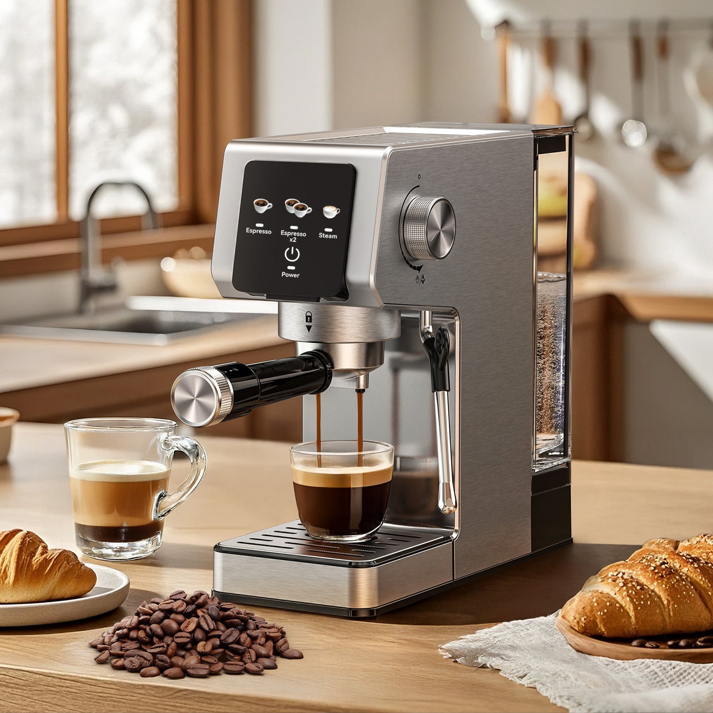 Espresso Machine 20 Bar, Stainless Steel Coffee Machine with 40oz Removable Water Tank for Cappuccino, Latte, Silver