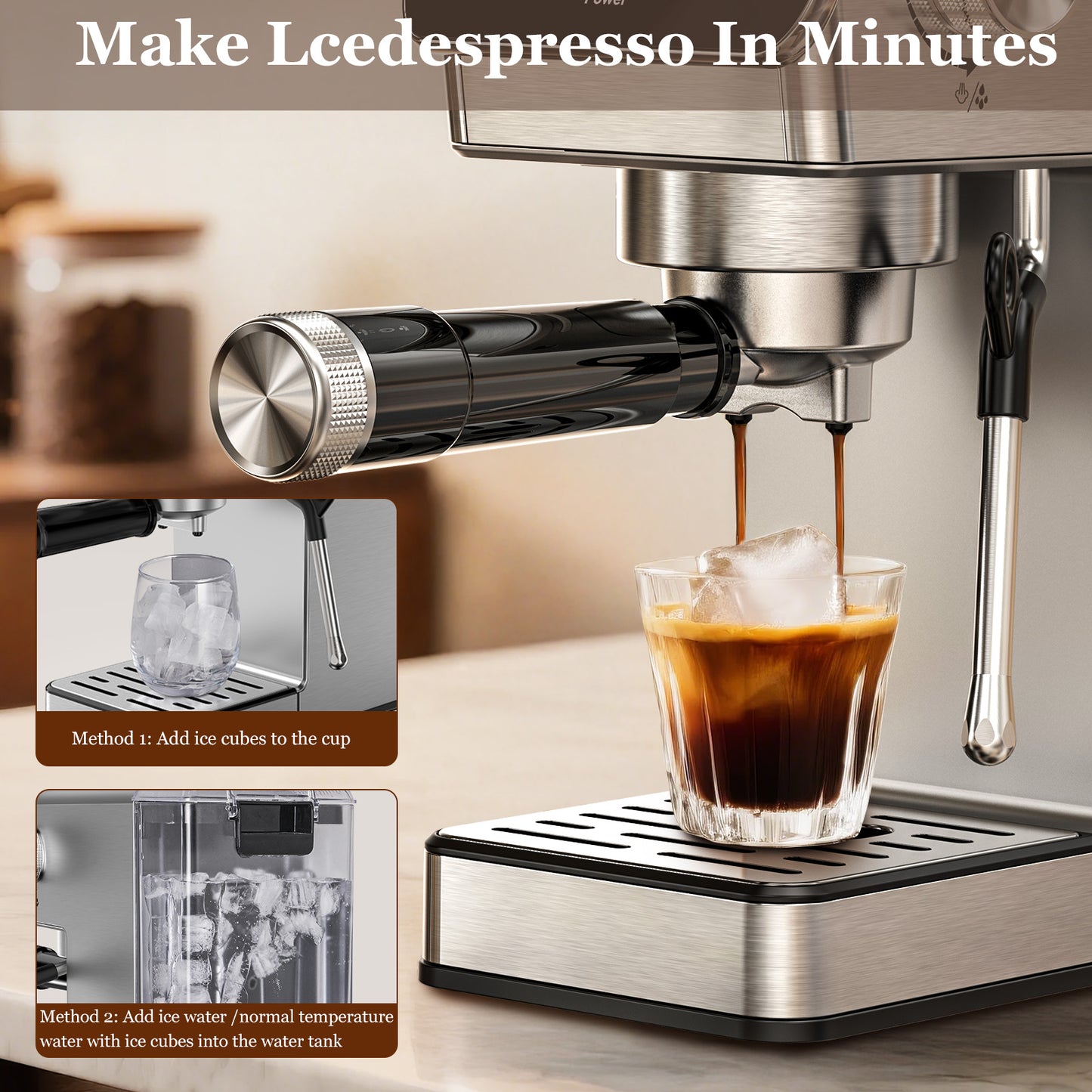 Espresso Machine 20 Bar, Rapid Cold Brew, Stainless Steel Coffee Machine with 40oz Removable Water Tank for Cappuccino, Latte, Silver