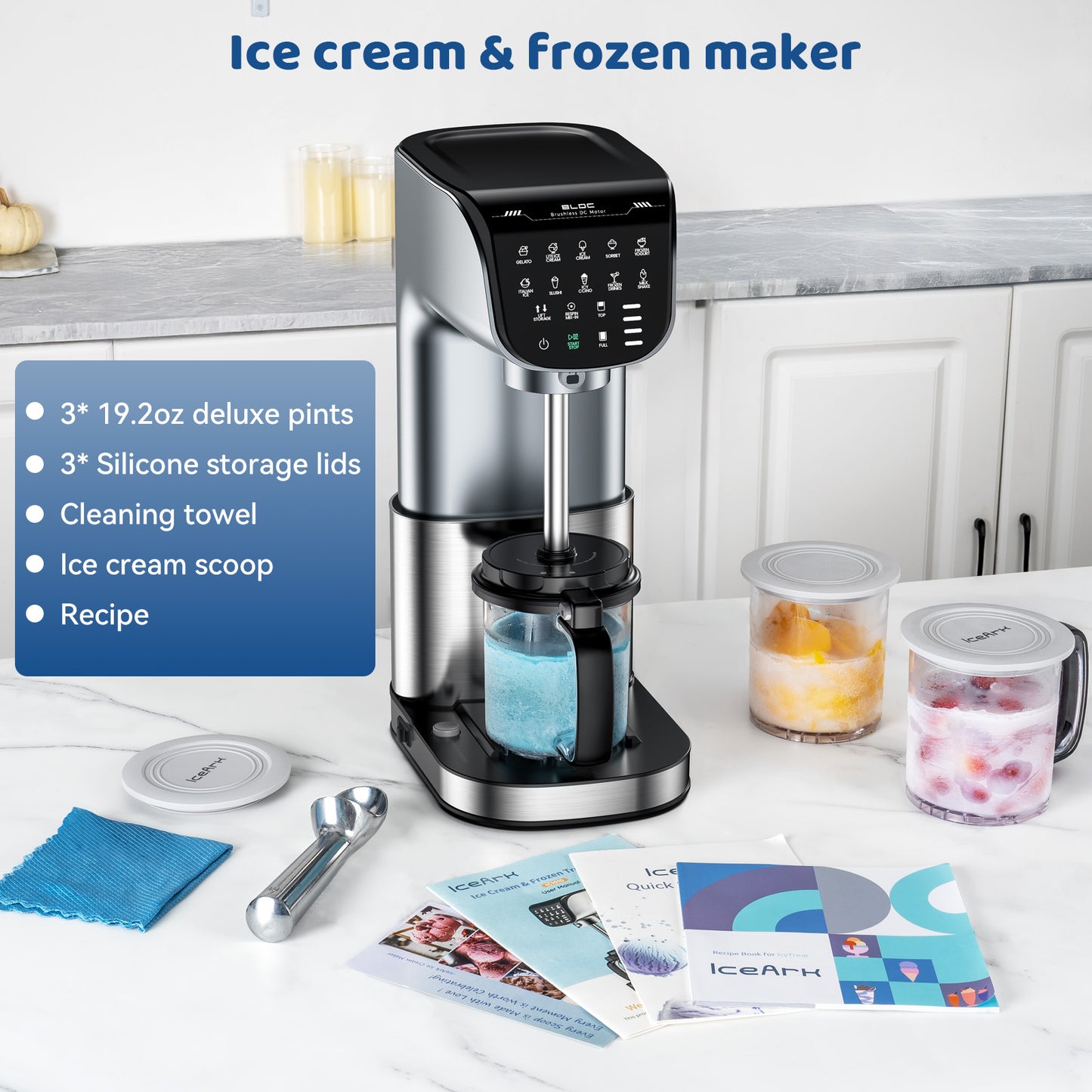 Ice Cream Maker, 11-in-1 Frozen Treat Maker for Gelato, Sorbet, Milkshakes, Mix-ins, (3) 19oz Pints