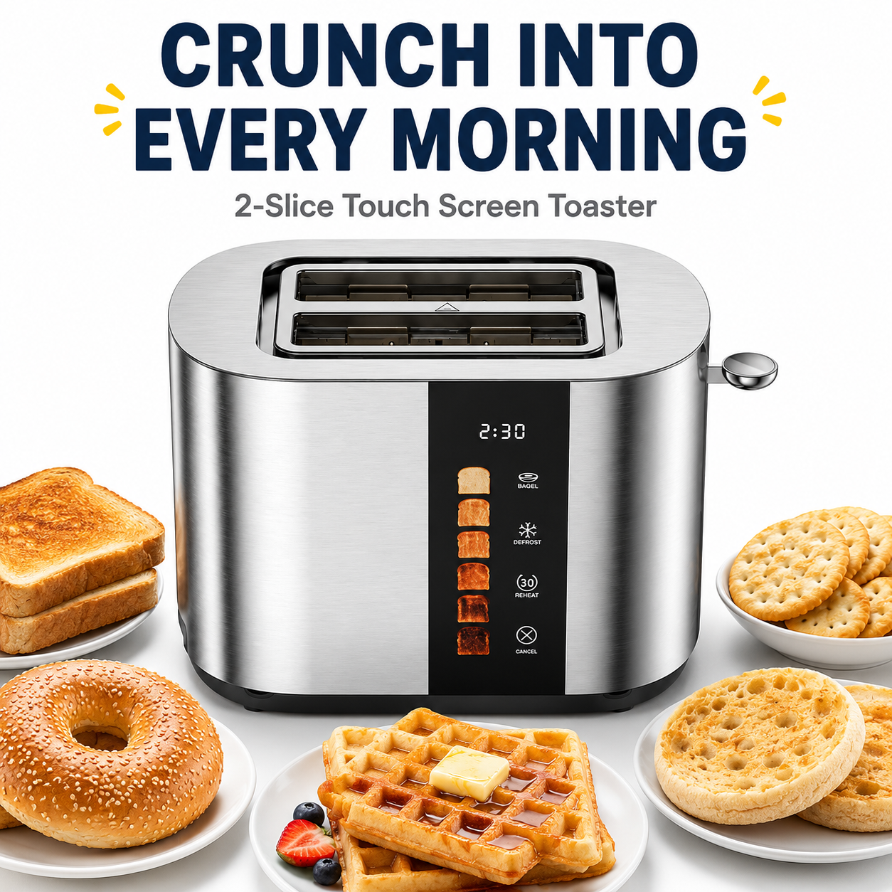 Touch Screen 2-Slice Toaster, Stainless Steel, 6 Shade Settings, Timer Countdown