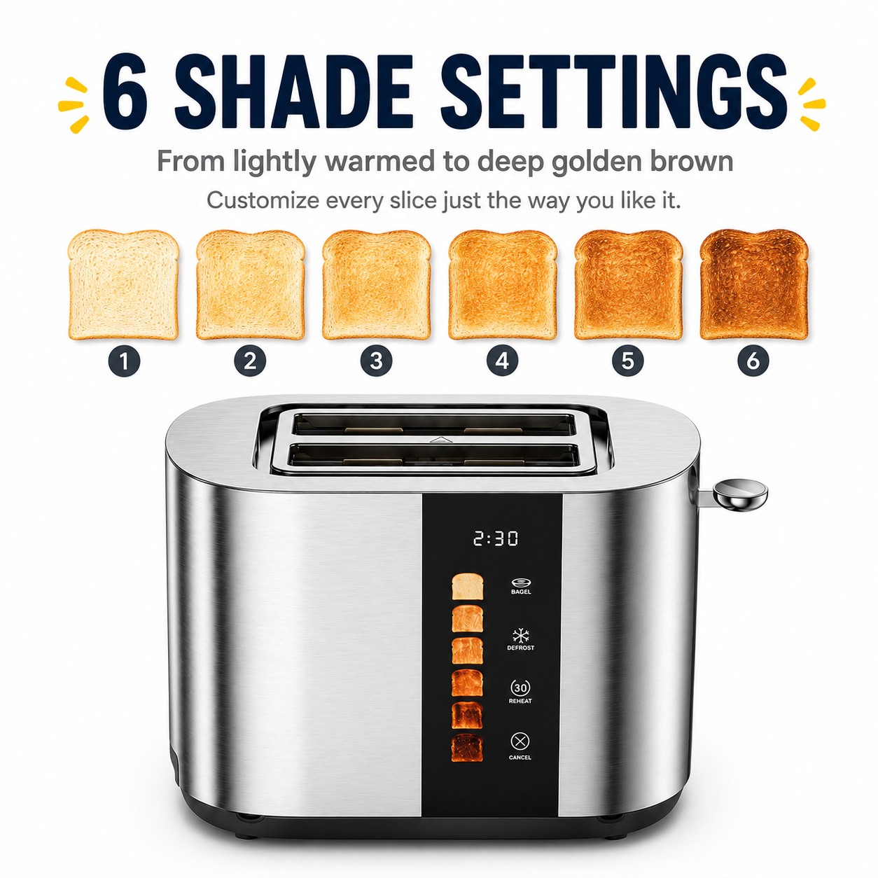 Touch Screen 2-Slice Toaster, Stainless Steel, 6 Shade Settings, Timer Countdown