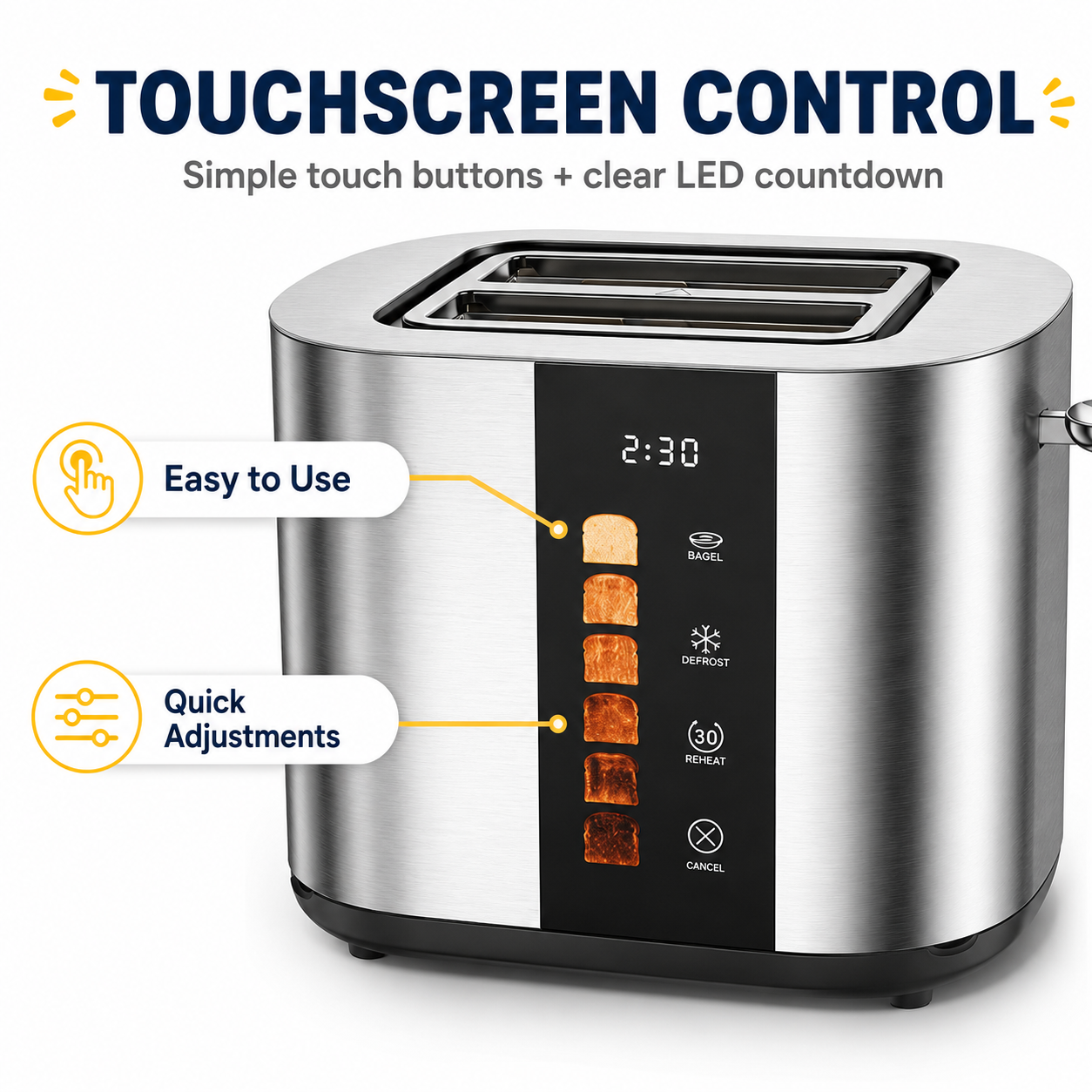 Touch Screen 2-Slice Toaster, Stainless Steel, 6 Shade Settings, Timer Countdown