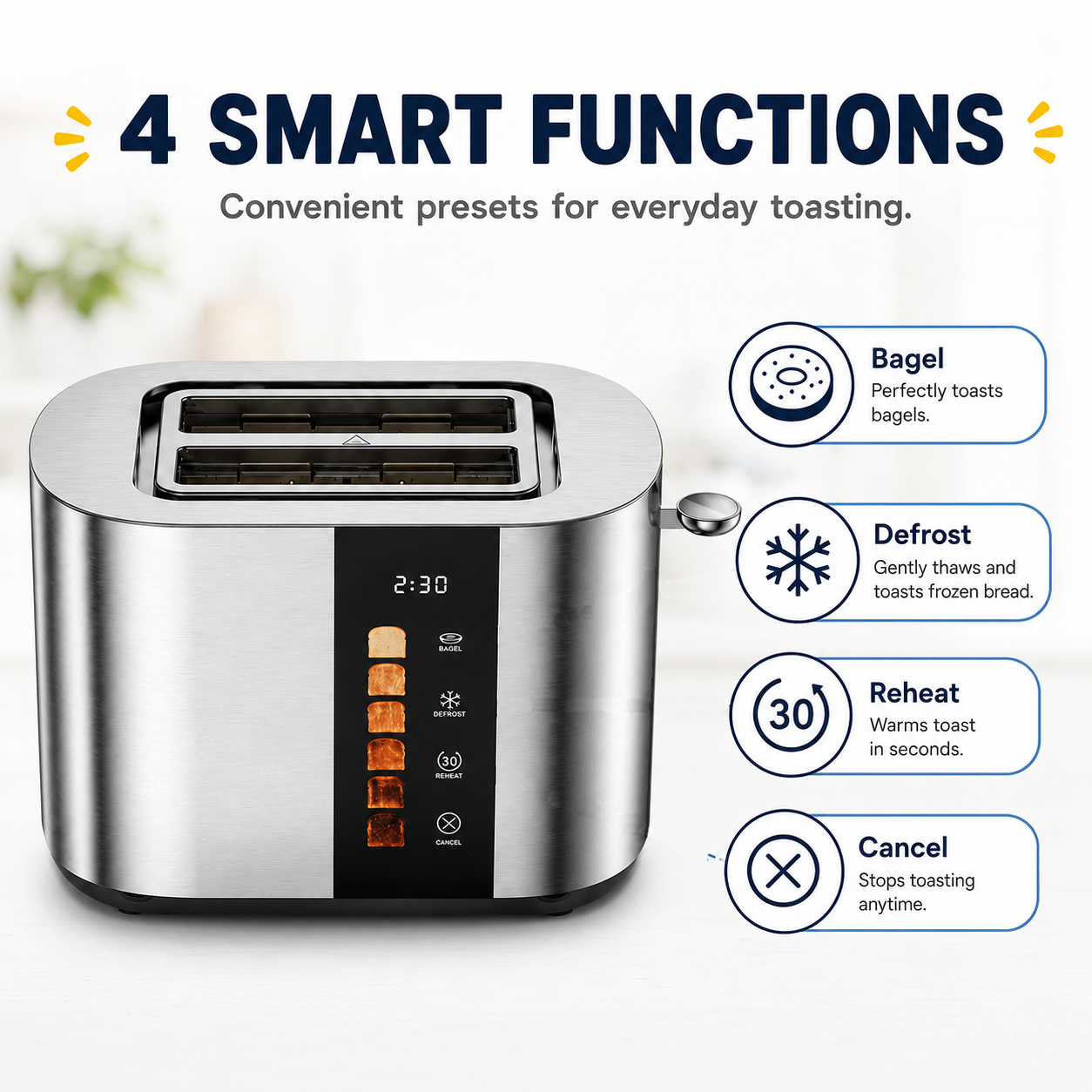 Touch Screen 2-Slice Toaster, Stainless Steel, 6 Shade Settings, Timer Countdown