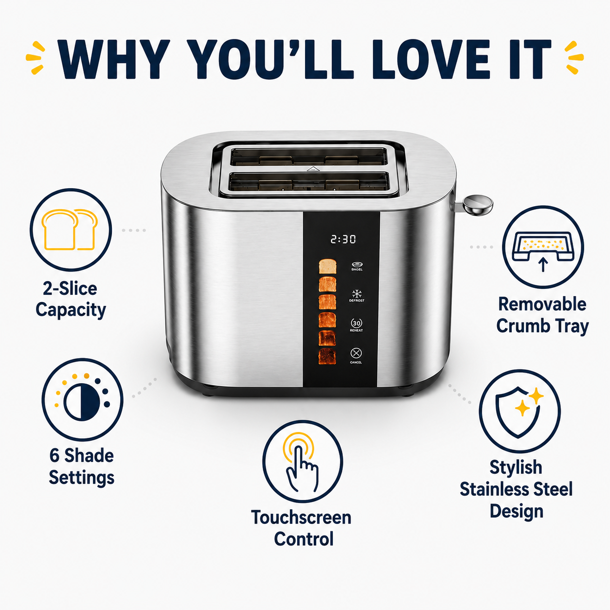 Touch Screen 2-Slice Toaster, Stainless Steel, 6 Shade Settings, Timer Countdown