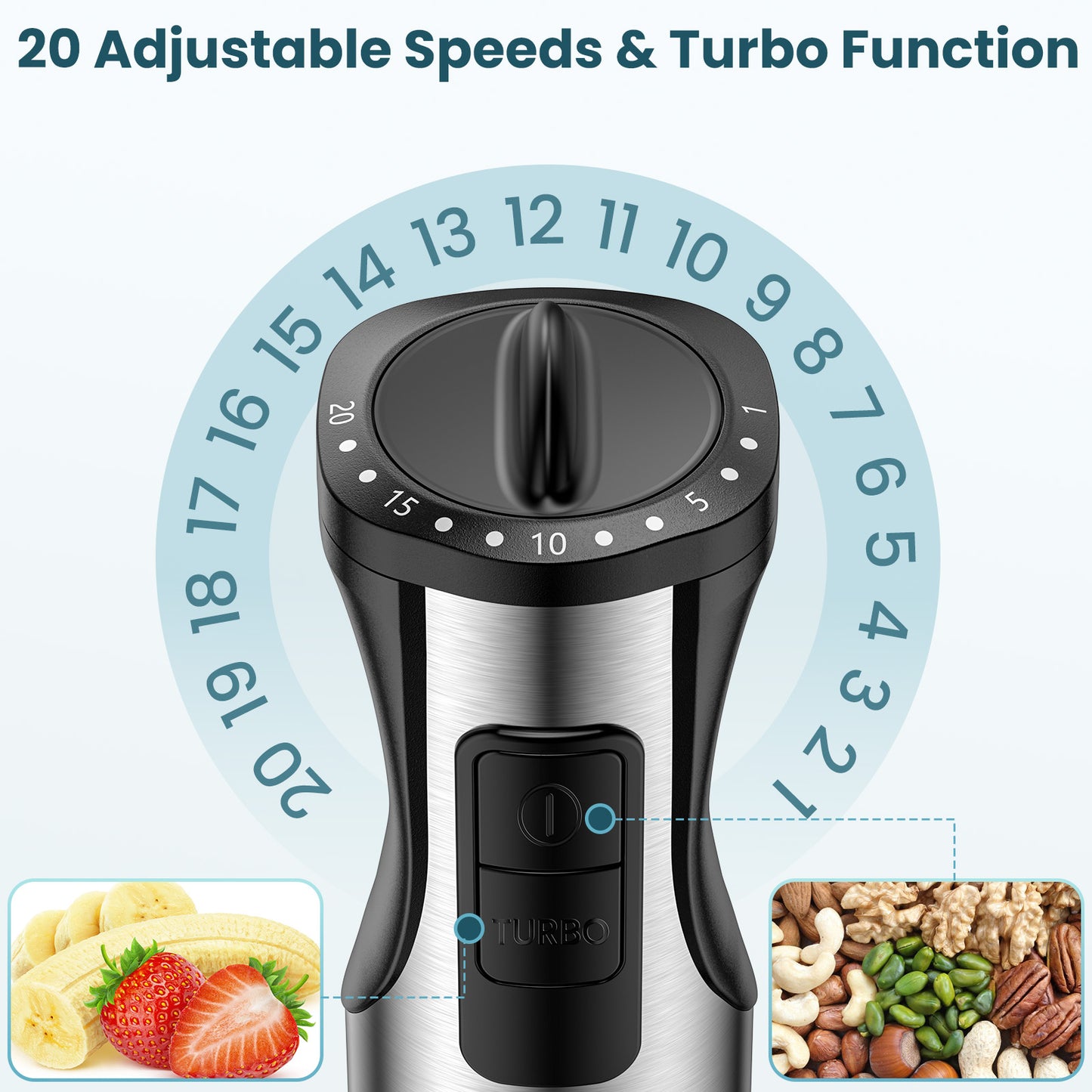 20-Speed Immersion Hand Blender, 5-in-1 800W Stainless Steel Hand Stick Blender, Whisk, Milk Frother