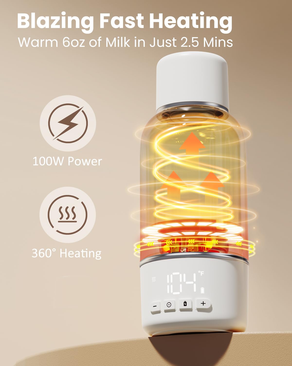 Portable Bottle Warmer for Travel, 2.5 Min Fast Heating for Breast Milk and Formula, 17oz Large Capacity