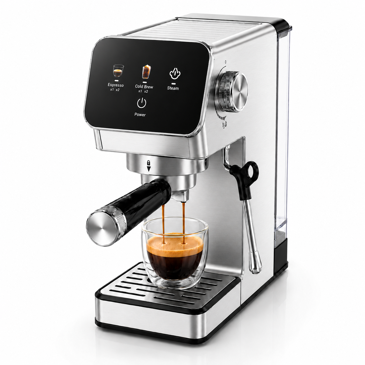 20-Bar Espresso Machine with Rapid Cold Brew, Stainless Steel Coffee Maker, 40oz Removable Water Tank for Cappuccino & Latte, Silver