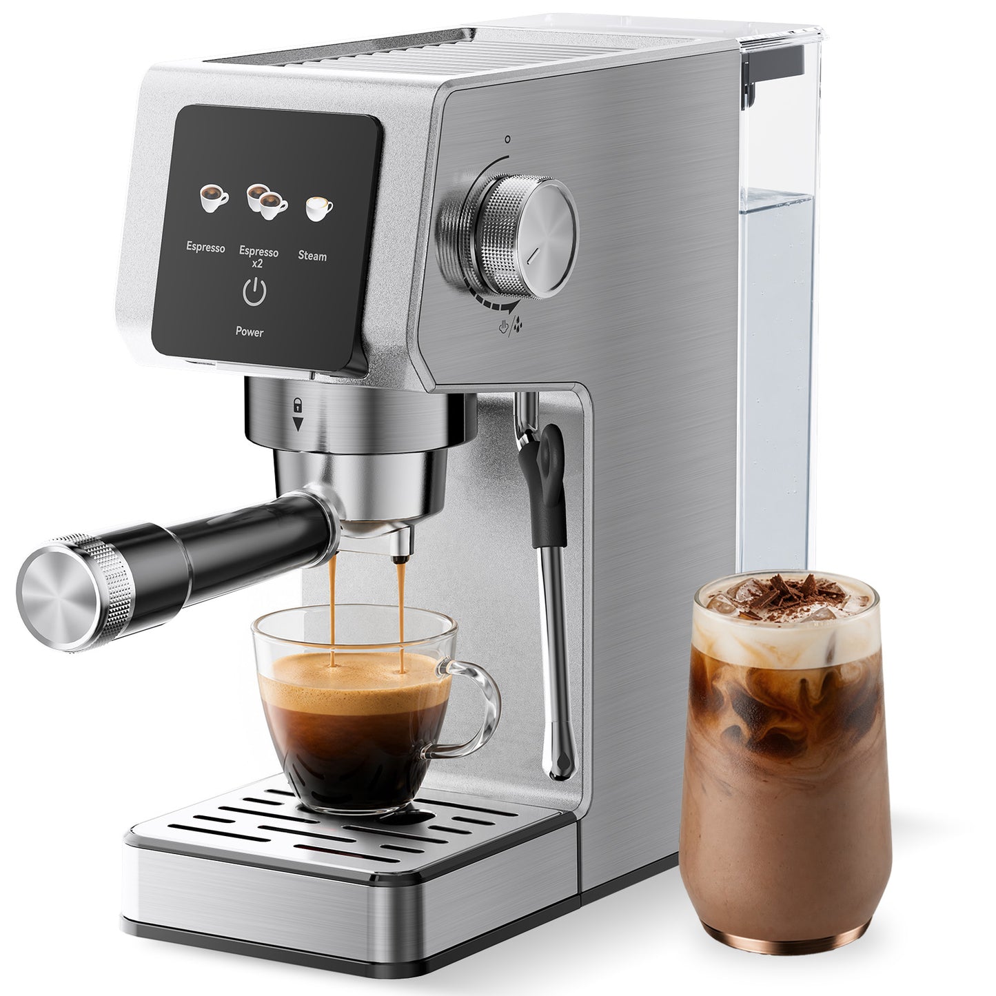 20-Bar Espresso Machine, Stainless Steel Coffee Maker, 40oz Removable Water Tank for Cappuccino & Latte, Silver