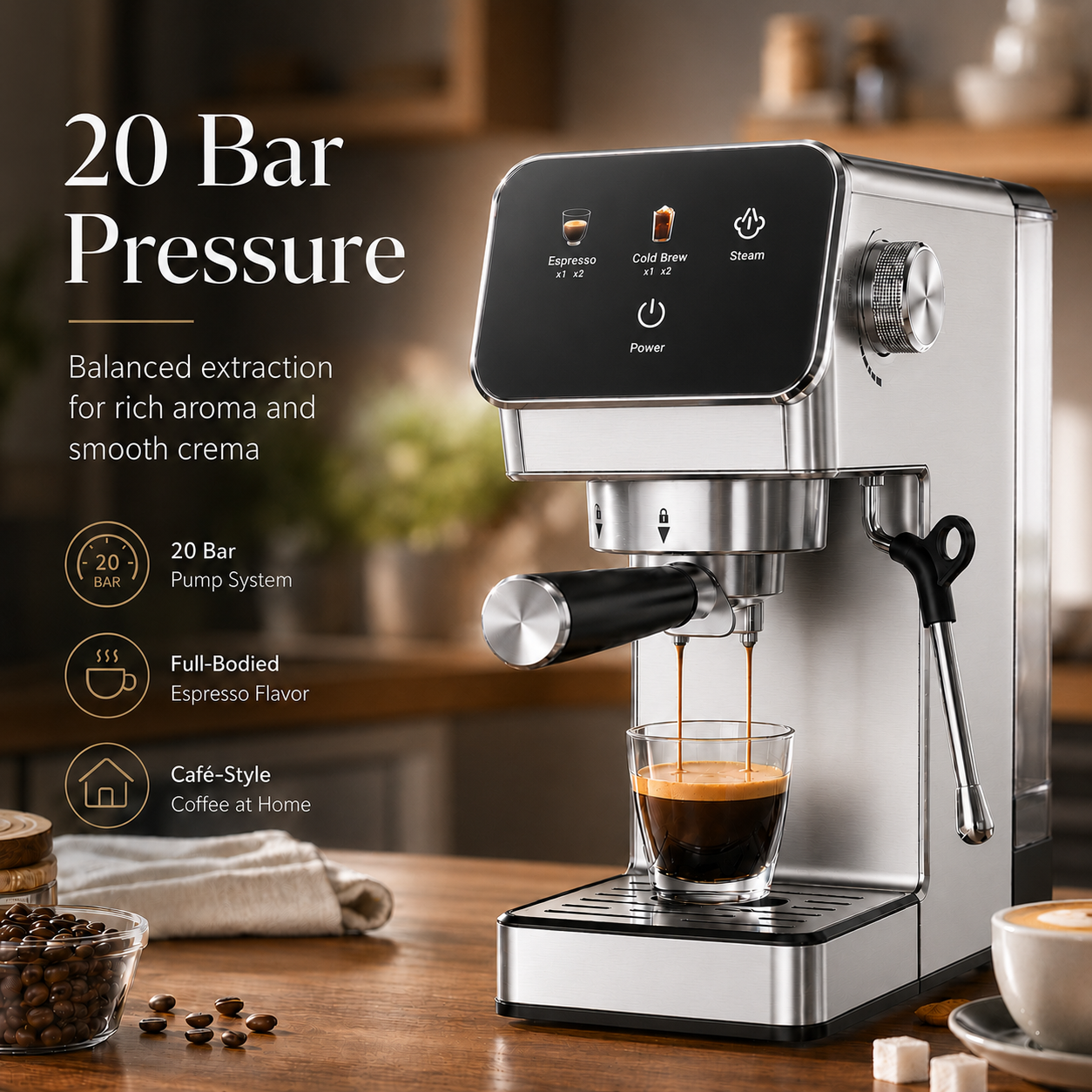 20-Bar Espresso Machine with Rapid Cold Brew, Stainless Steel Coffee Maker, 40oz Removable Water Tank for Cappuccino & Latte, Silver