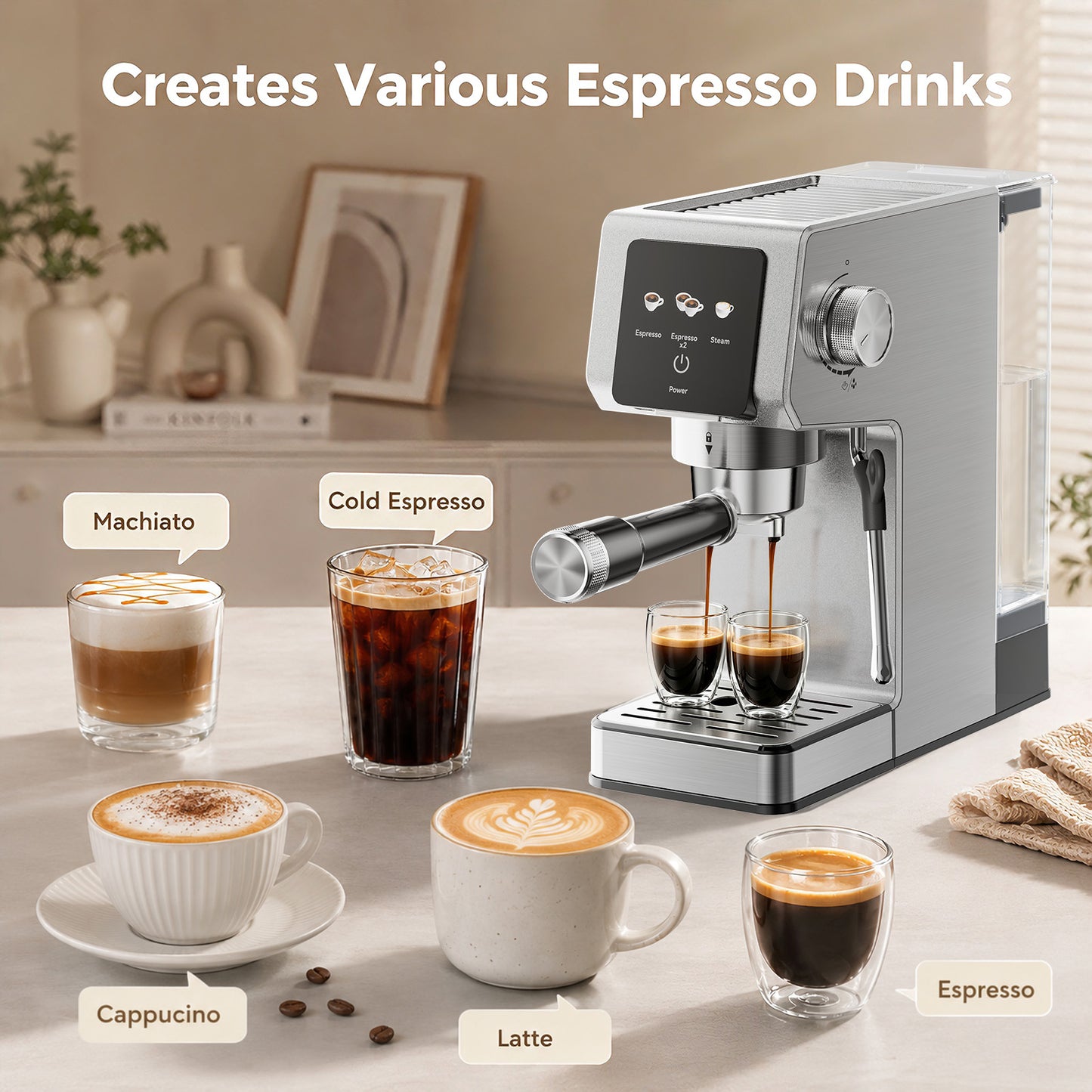 20-Bar Espresso Machine, Stainless Steel Coffee Maker, 40oz Removable Water Tank for Cappuccino & Latte, Silver