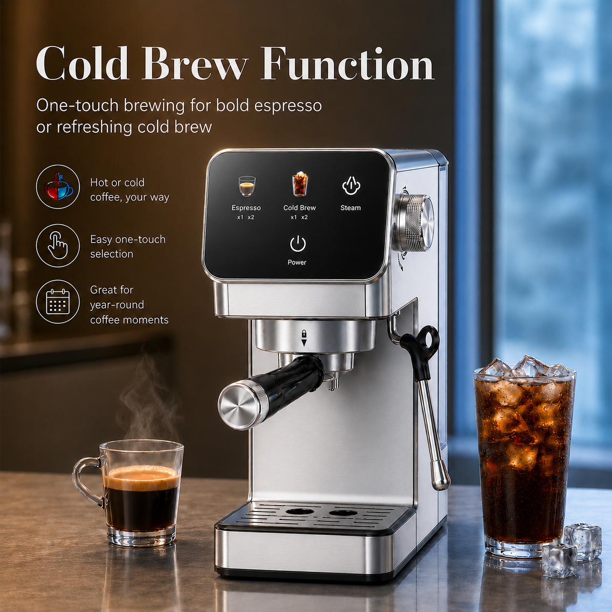 20-Bar Espresso Machine with Rapid Cold Brew, Stainless Steel Coffee Maker, 40oz Removable Water Tank for Cappuccino & Latte, Silver