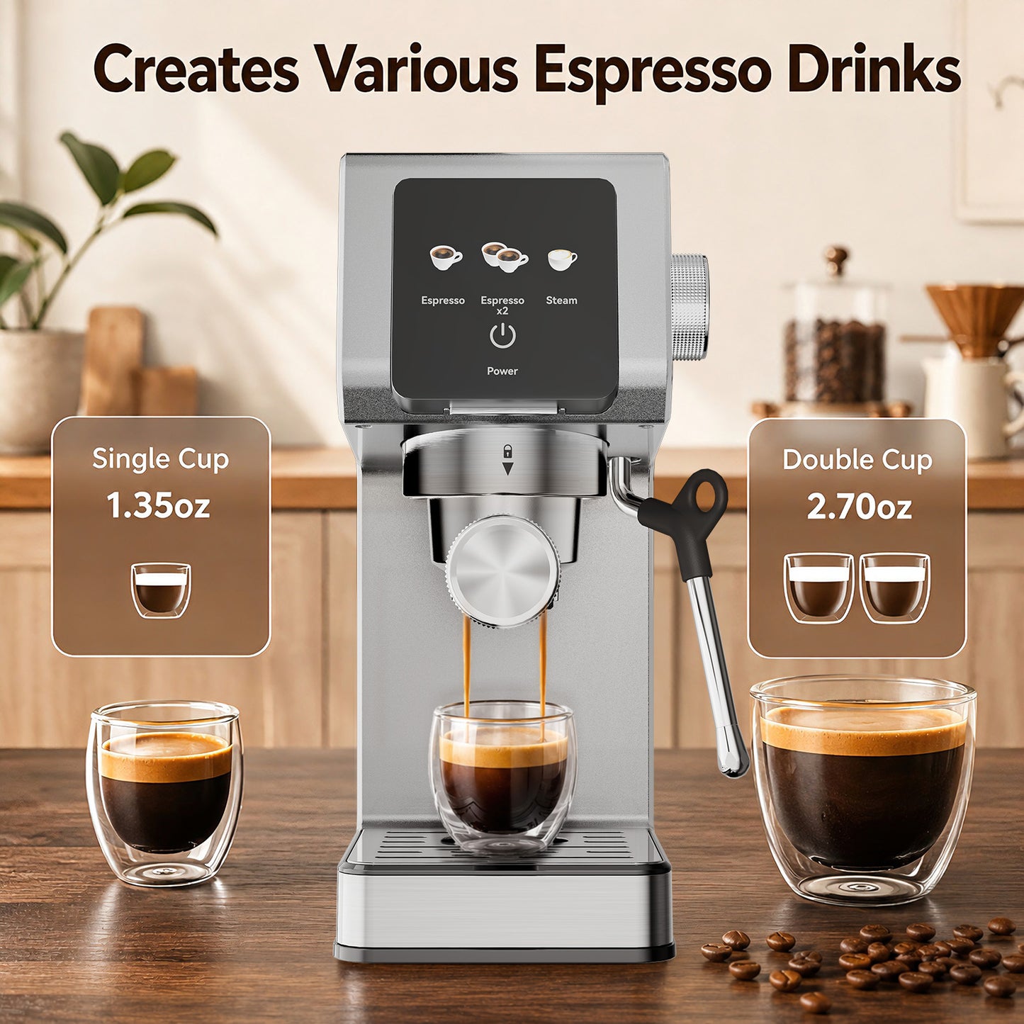 20-Bar Espresso Machine, Stainless Steel Coffee Maker, 40oz Removable Water Tank for Cappuccino & Latte, Silver