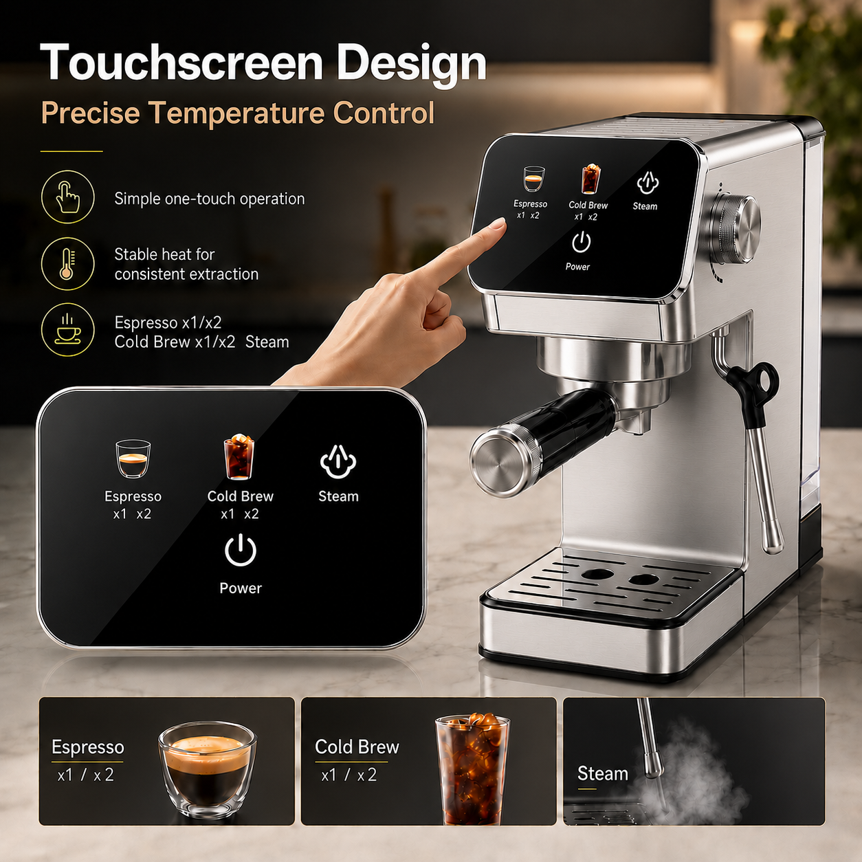 20-Bar Espresso Machine with Rapid Cold Brew, Stainless Steel Coffee Maker, 40oz Removable Water Tank for Cappuccino & Latte, Silver