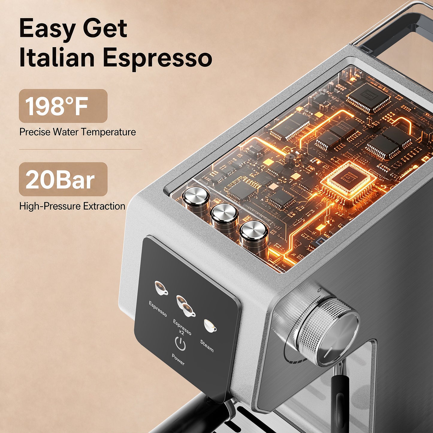 20-Bar Espresso Machine, Stainless Steel Coffee Maker, 40oz Removable Water Tank for Cappuccino & Latte, Silver