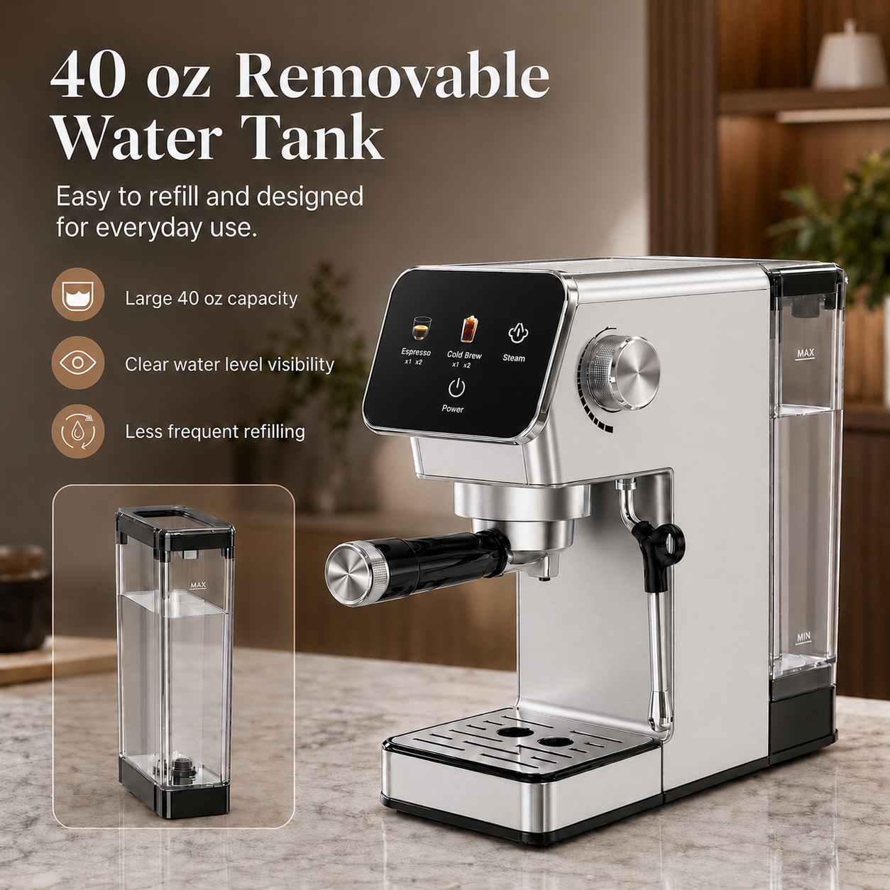 20-Bar Espresso Machine with Rapid Cold Brew, Stainless Steel Coffee Maker, 40oz Removable Water Tank for Cappuccino & Latte, Silver