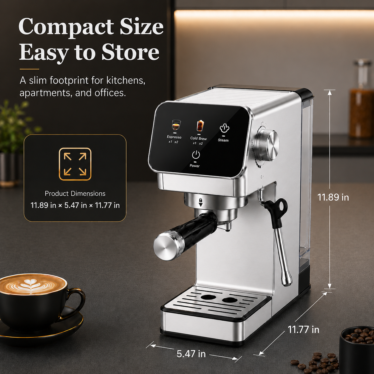 20-Bar Espresso Machine with Rapid Cold Brew, Stainless Steel Coffee Maker, 40oz Removable Water Tank for Cappuccino & Latte, Silver