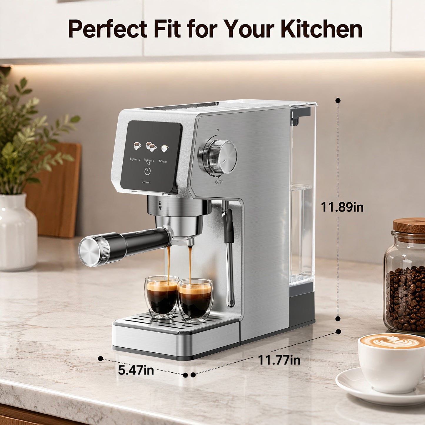 20-Bar Espresso Machine, Stainless Steel Coffee Maker, 40oz Removable Water Tank for Cappuccino & Latte, Silver