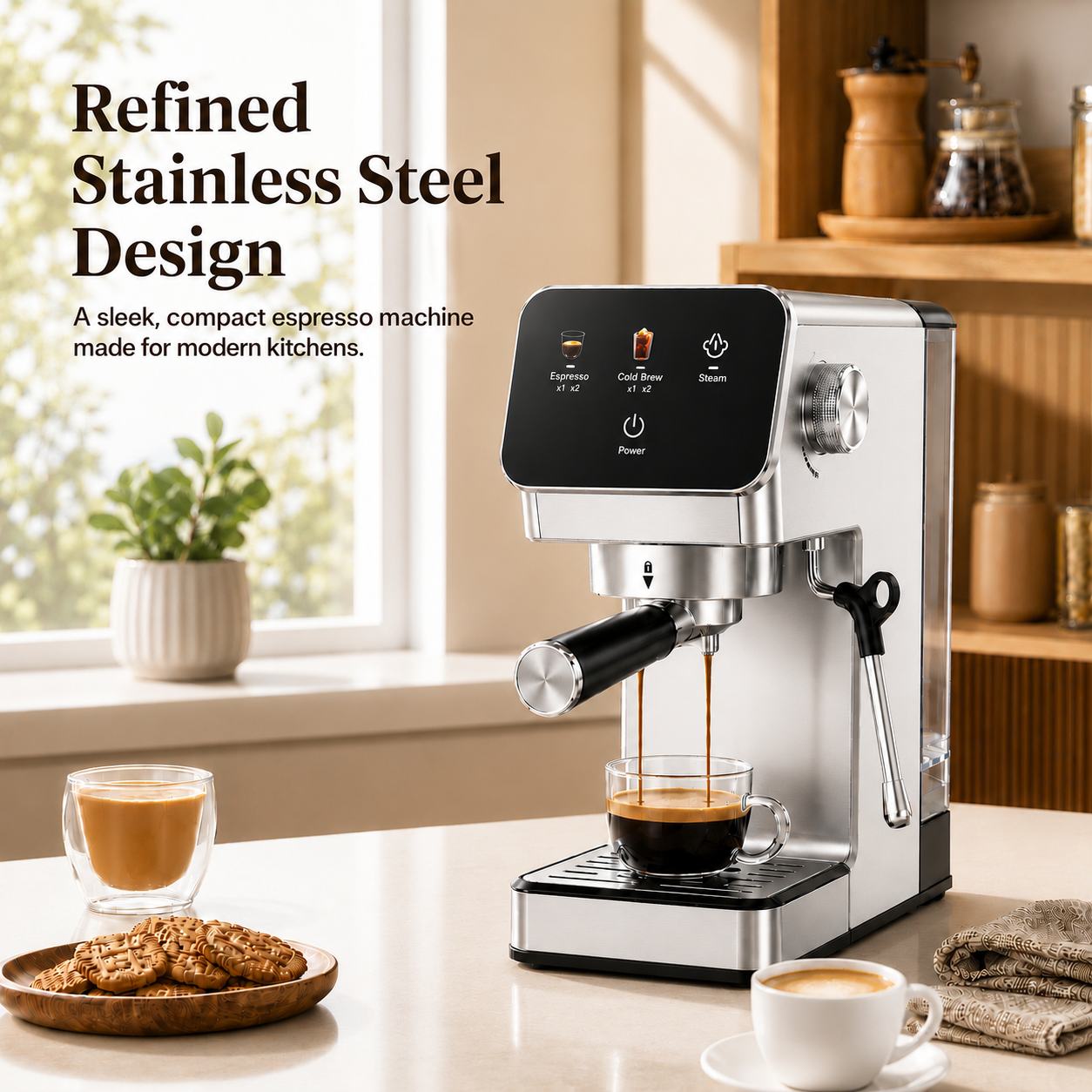 20-Bar Espresso Machine with Rapid Cold Brew, Stainless Steel Coffee Maker, 40oz Removable Water Tank for Cappuccino & Latte, Silver