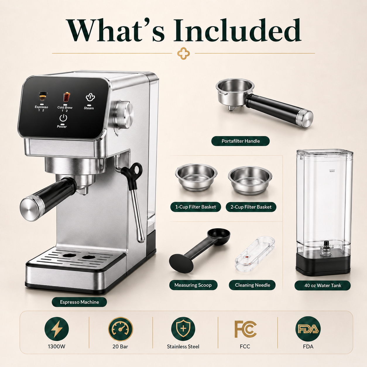 20-Bar Espresso Machine with Rapid Cold Brew, Stainless Steel Coffee Maker, 40oz Removable Water Tank for Cappuccino & Latte, Silver
