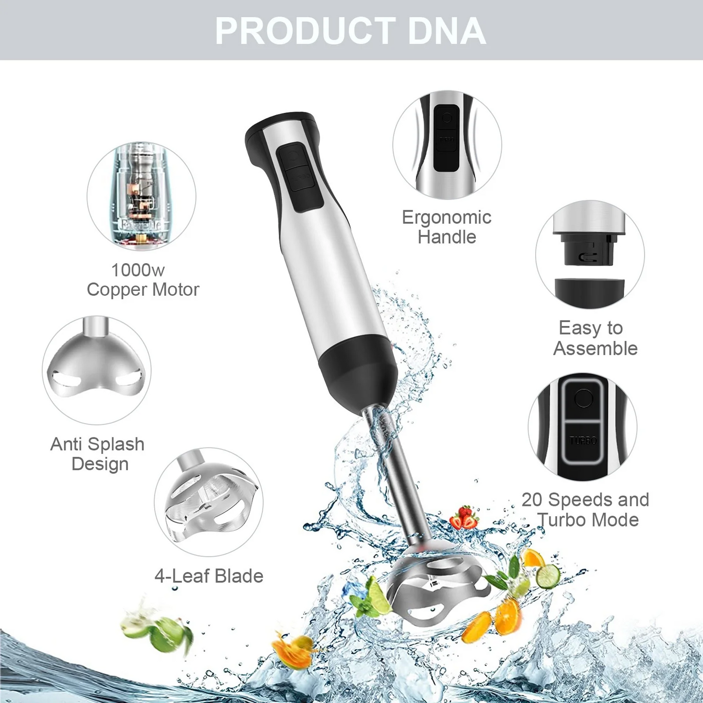 20-Speed Immersion Hand Blender, 5-in-1 Powerful 1000W Blender Whisk and Mini Chopper with 600ml Beaker