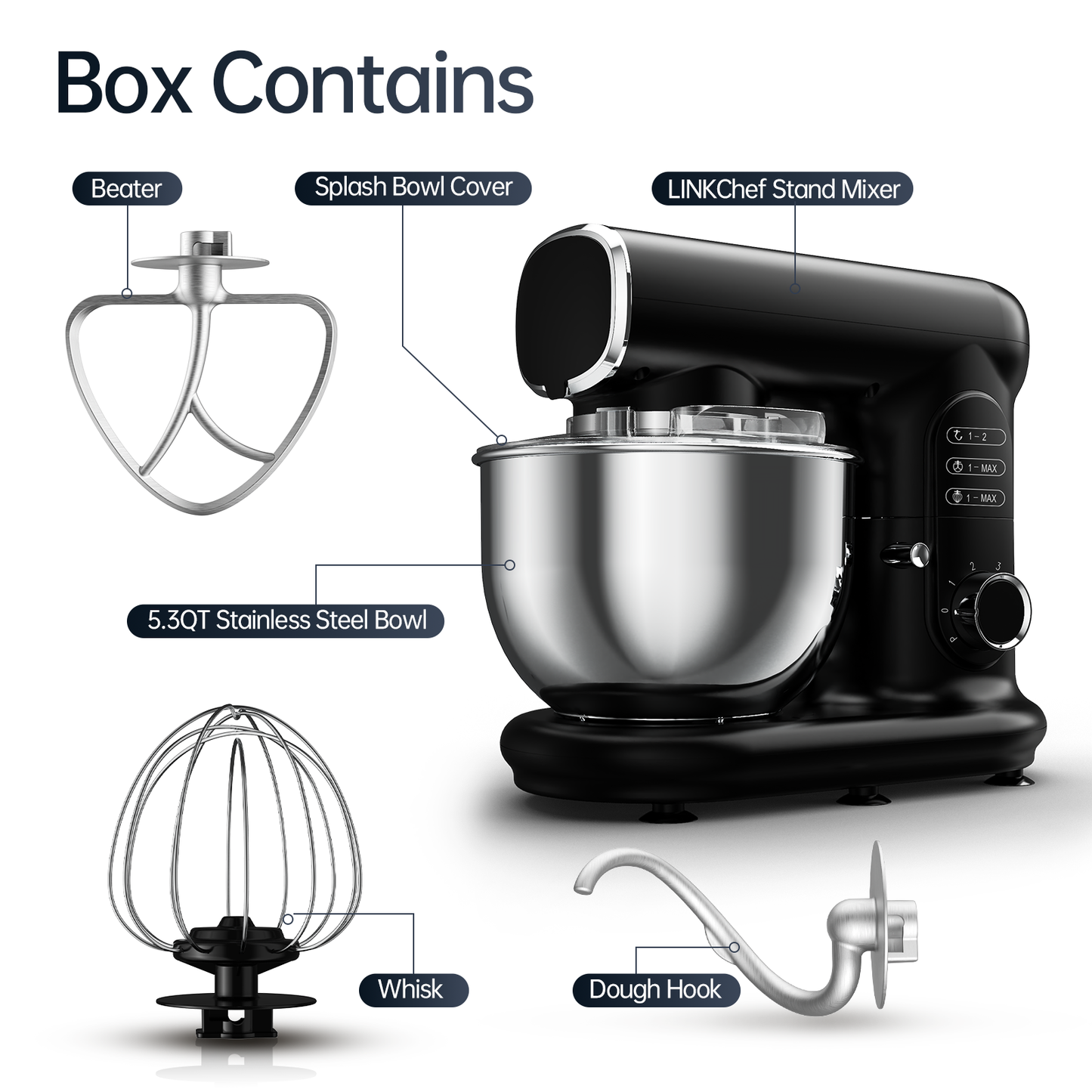 Stand Mixer, 6 Speed 5.3 Quart Tilt-Head Kitchen Electric Food Mixer with Beater, Dough Hook, Wire Whip, Black