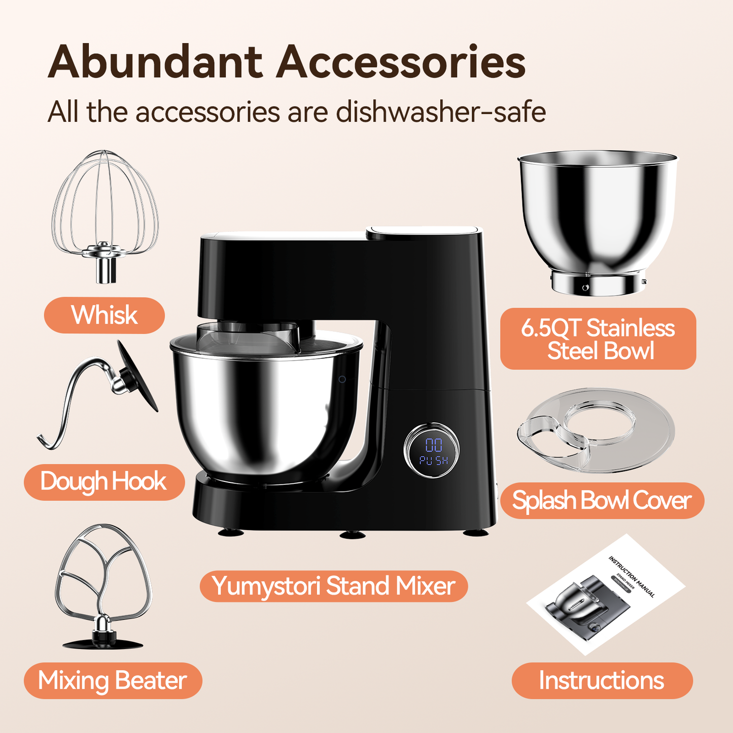 Yumystori Stand Mixer, 12 Speed 6.5 Quart Tilt-Head Kitchen Electric Food Mixer with Beater, Dough Hook and Wire Whip