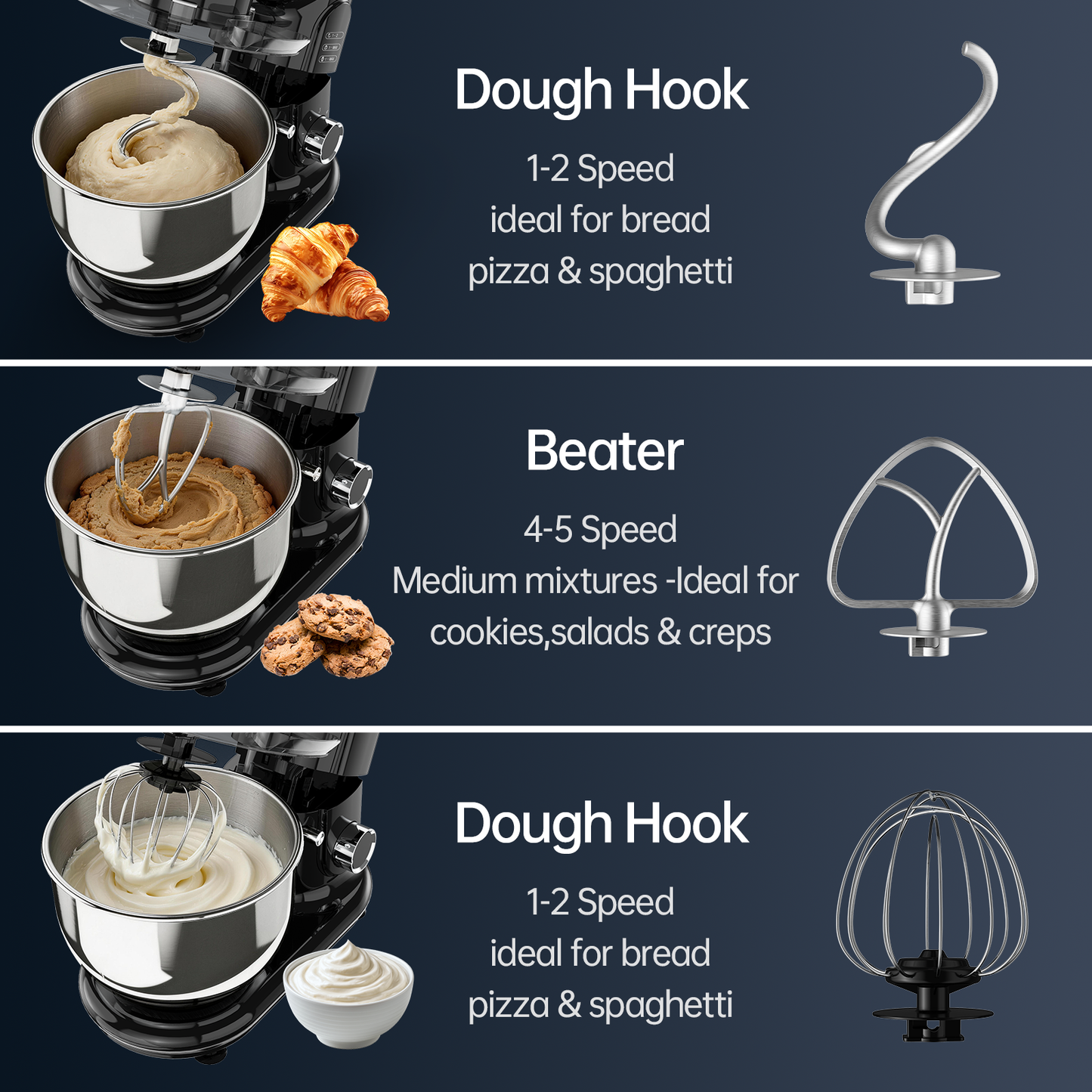 Stand Mixer, 6 Speed 5.3 Quart Tilt-Head Kitchen Electric Food Mixer with Beater, Dough Hook, Wire Whip, Black