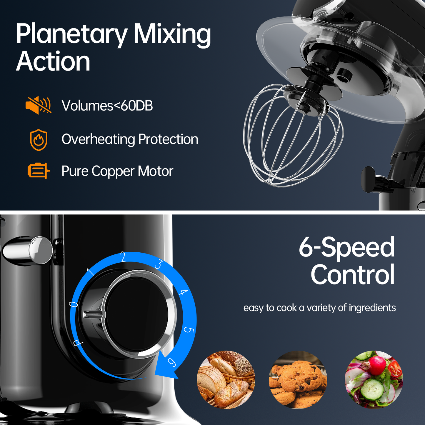 Stand Mixer, 6 Speed 5.3 Quart Tilt-Head Kitchen Electric Food Mixer with Beater, Dough Hook, Wire Whip, Black