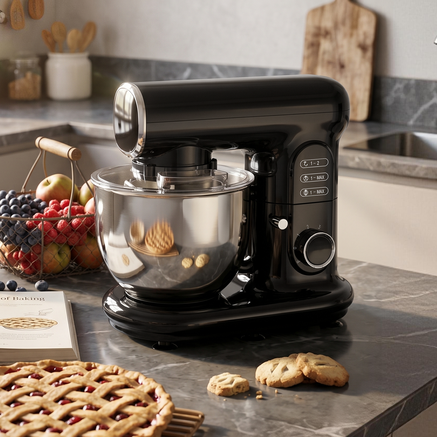 Stand Mixer, 6 Speed 5.3 Quart Tilt-Head Kitchen Electric Food Mixer with Beater, Dough Hook, Wire Whip, Black