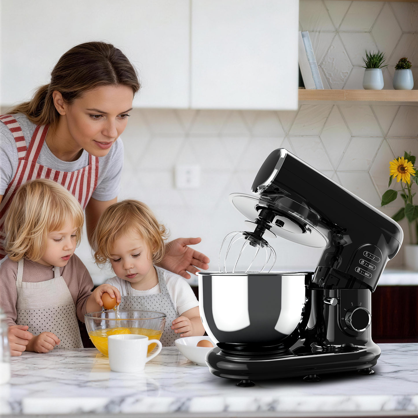 Stand Mixer, 6 Speed 5.3 Quart Tilt-Head Kitchen Electric Food Mixer with Beater, Dough Hook, Wire Whip, Black