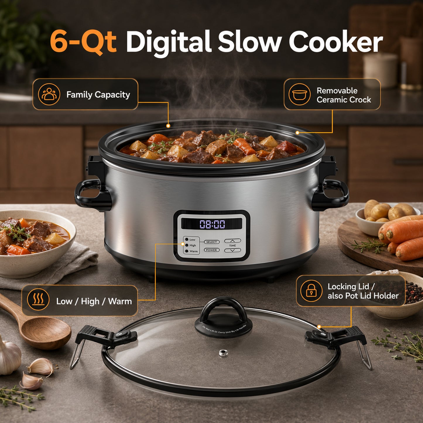 yumystori Slow Cooker 6-Quart Digital Programmable Oval with Locking Lid, Stainless Steel Exterior, Black