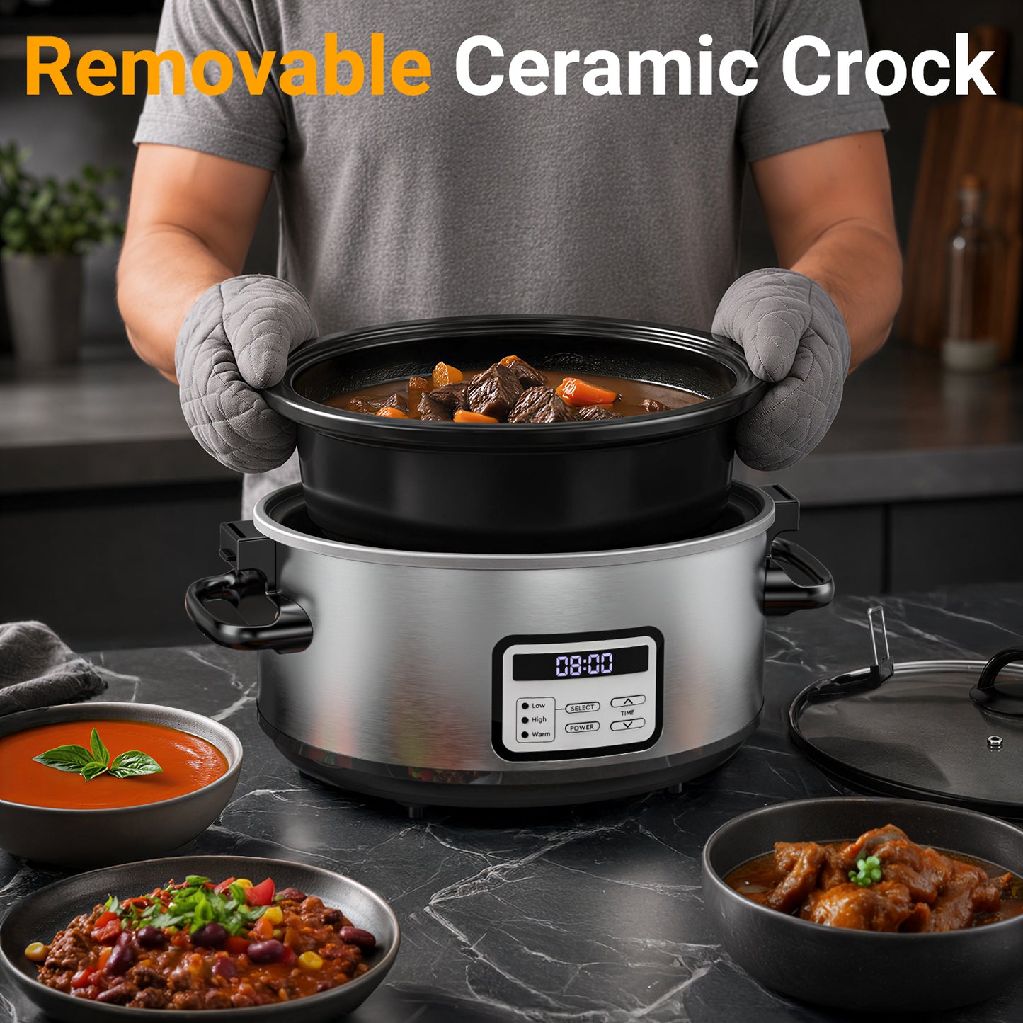 yumystori Slow Cooker 6-Quart Digital Programmable Oval with Locking Lid, Stainless Steel Exterior, Black