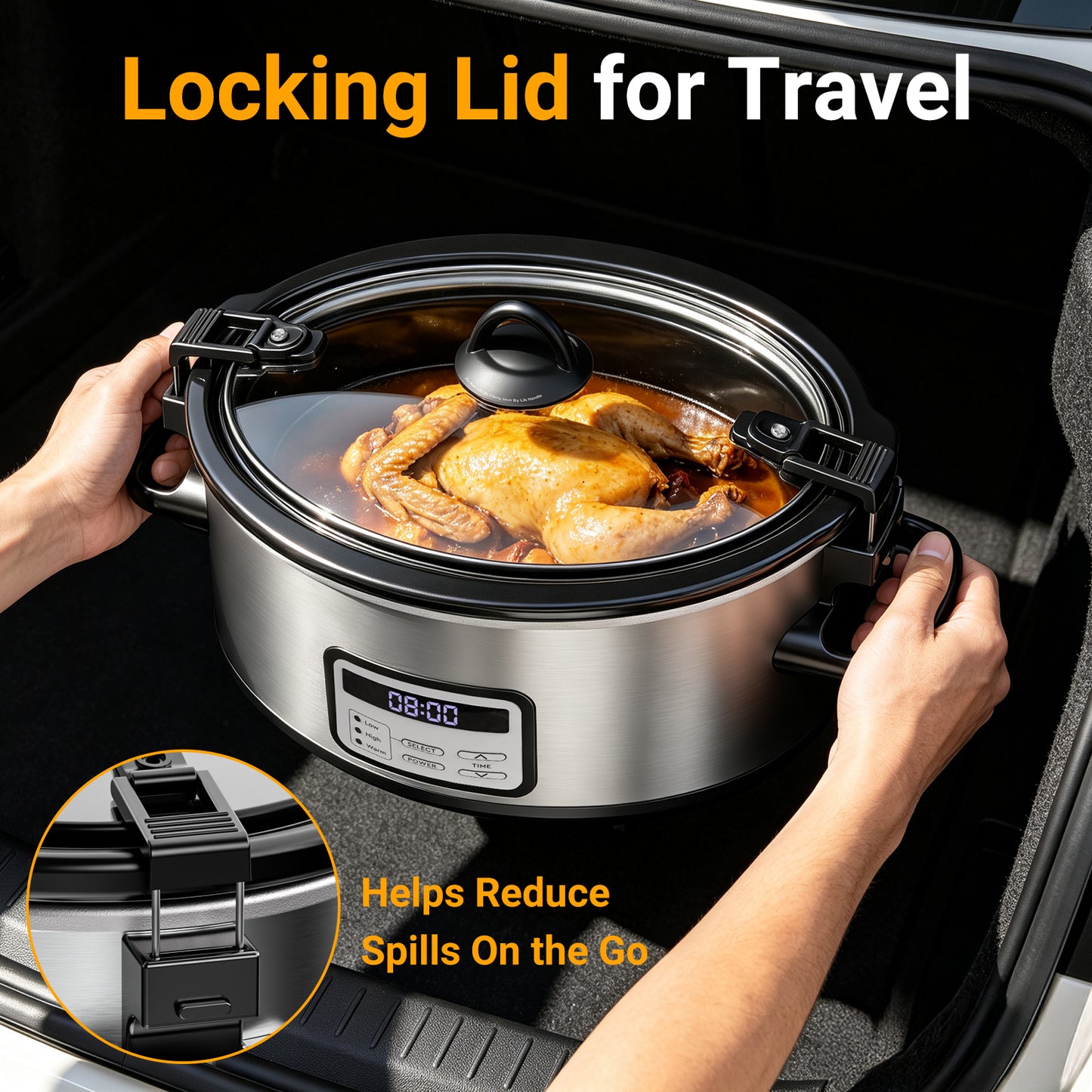 yumystori Slow Cooker 6-Quart Digital Programmable Oval with Locking Lid, Stainless Steel Exterior, Black